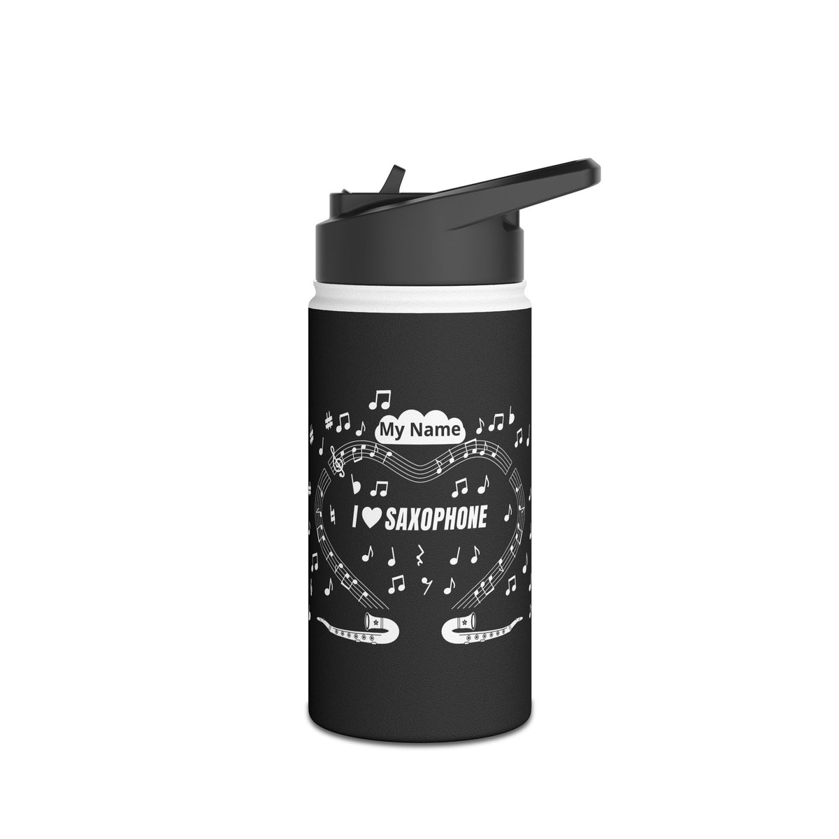 Music-themed Stainless Steel Water Bottle, Standard Lid: 'I love saxophone' - black & white