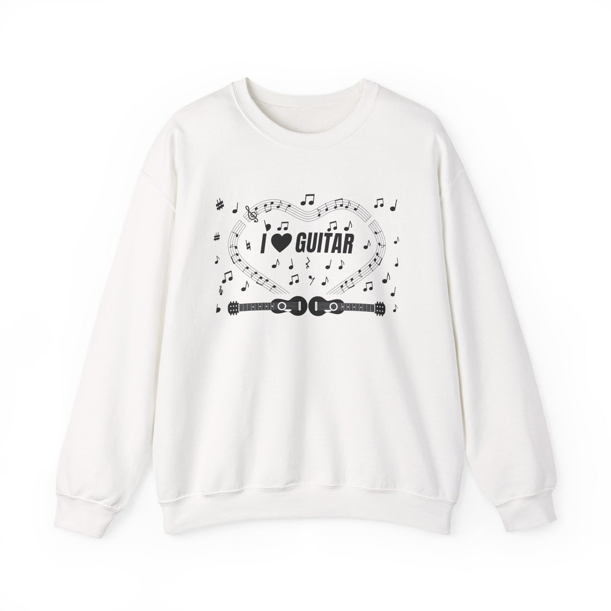 Music-themed Unisex Heavy Blend Crewneck Sweatshirt: 'I love guitar' - black on white