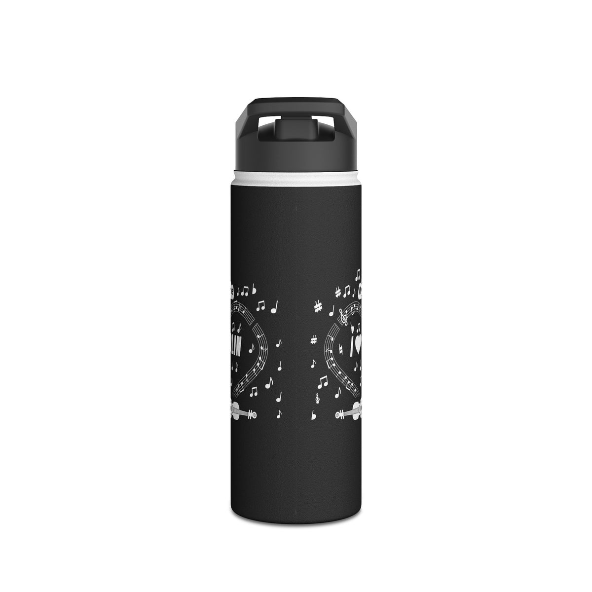 Music-themed Stainless Steel Water Bottle, Standard Lid: 'I love violin' - black & white
