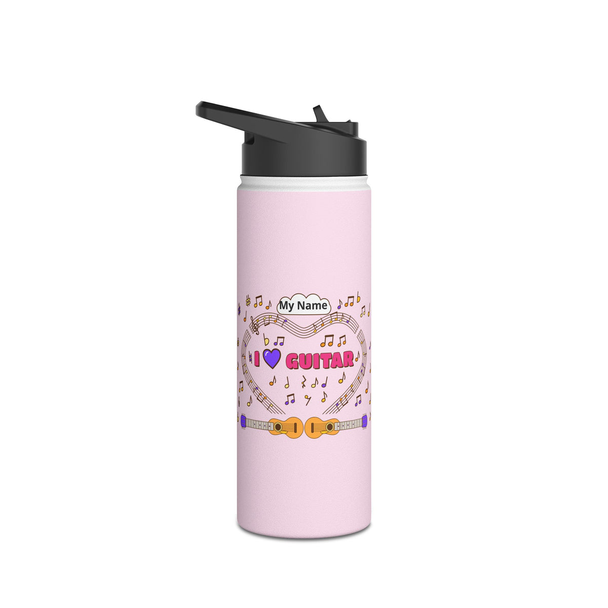 Music-themed Stainless Steel Water Bottle, Standard Lid: 'I love guitar' - pink