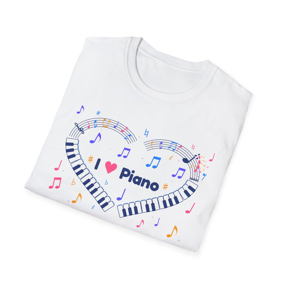 Music-themed Unisex Softstyle T-Shirt: 'I love piano' heart - blue