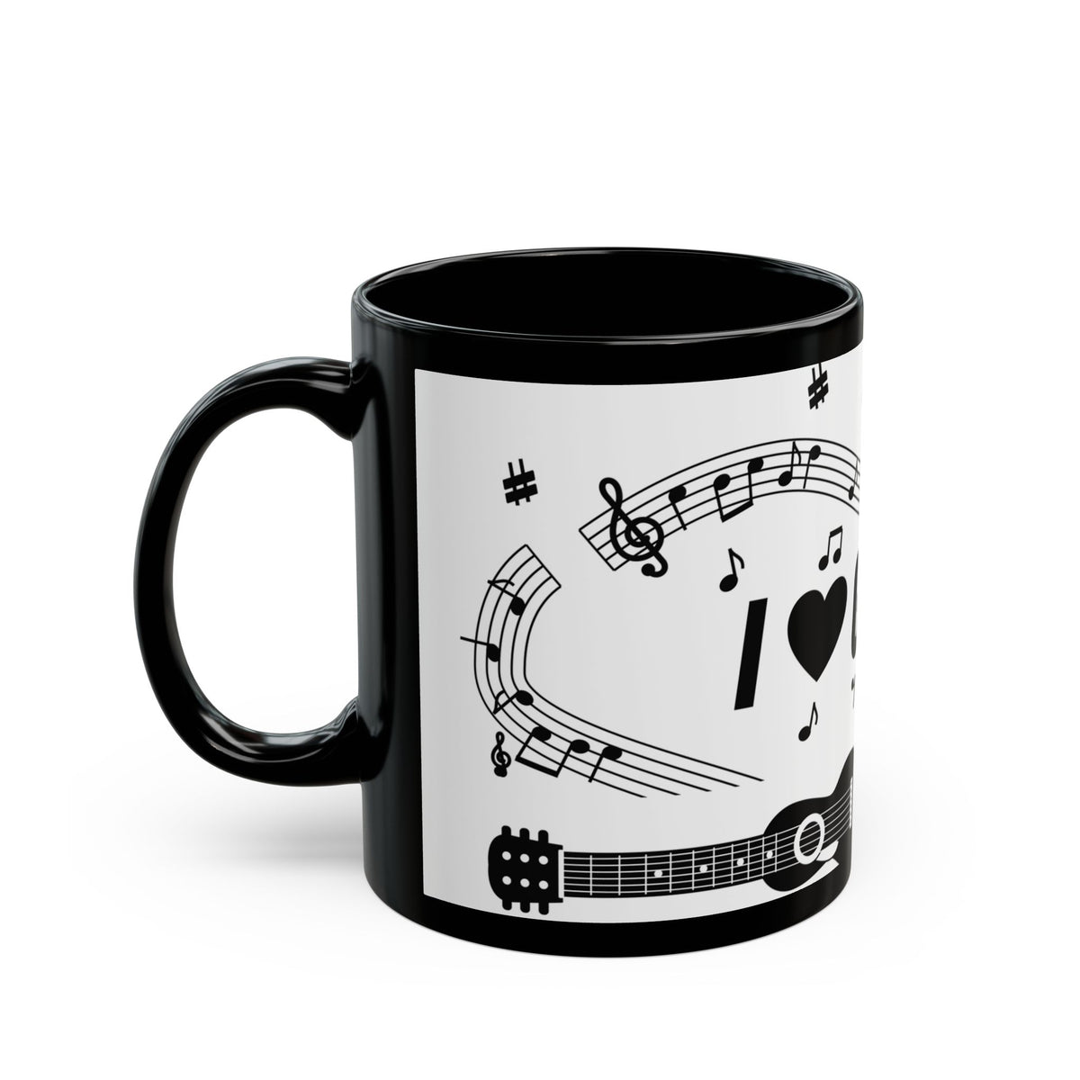 Music-themed Black Mug (11oz, 15oz): 'I love guitar' - black on white