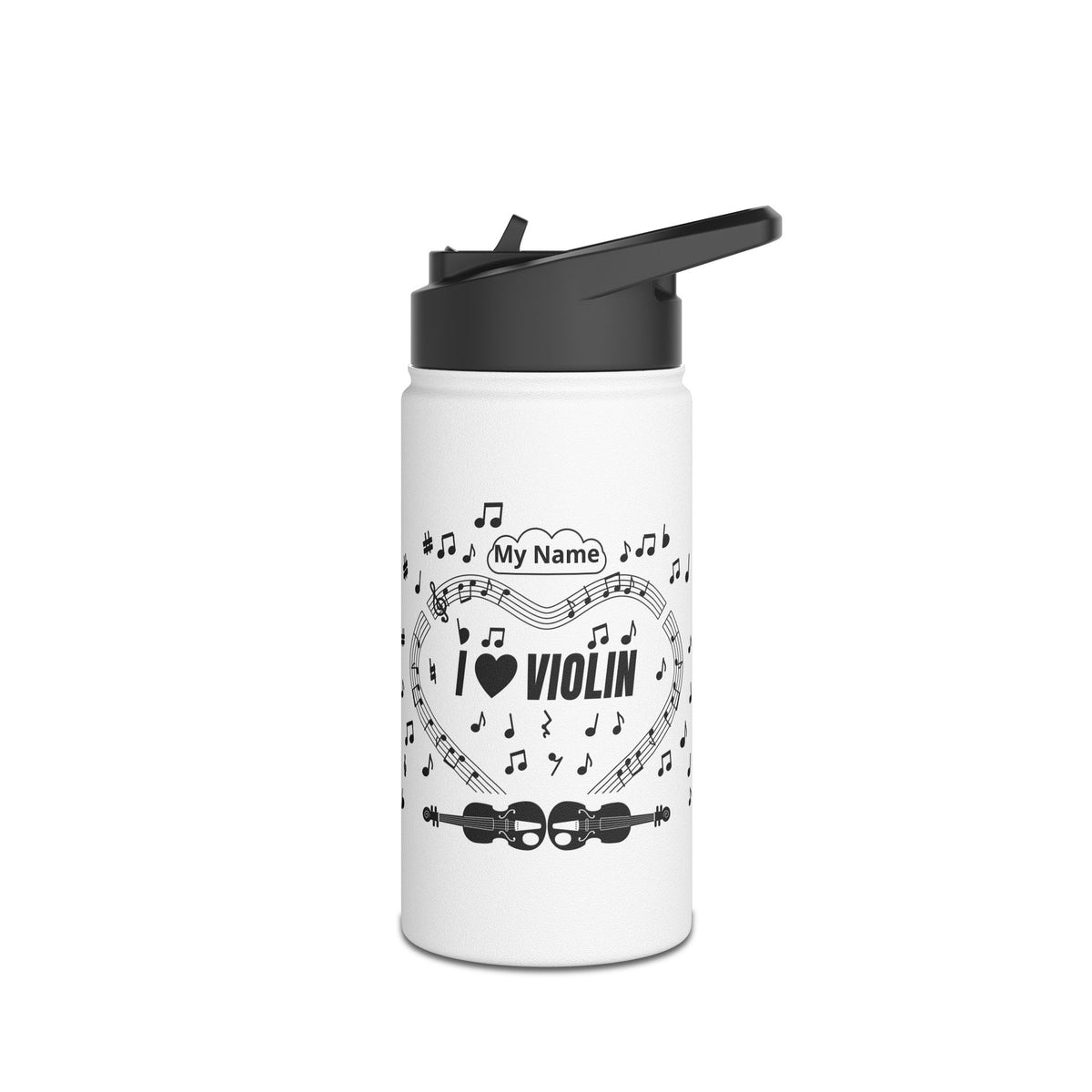 Music-themed Stainless Steel Water Bottle, Standard Lid: 'I love violin' - black on white