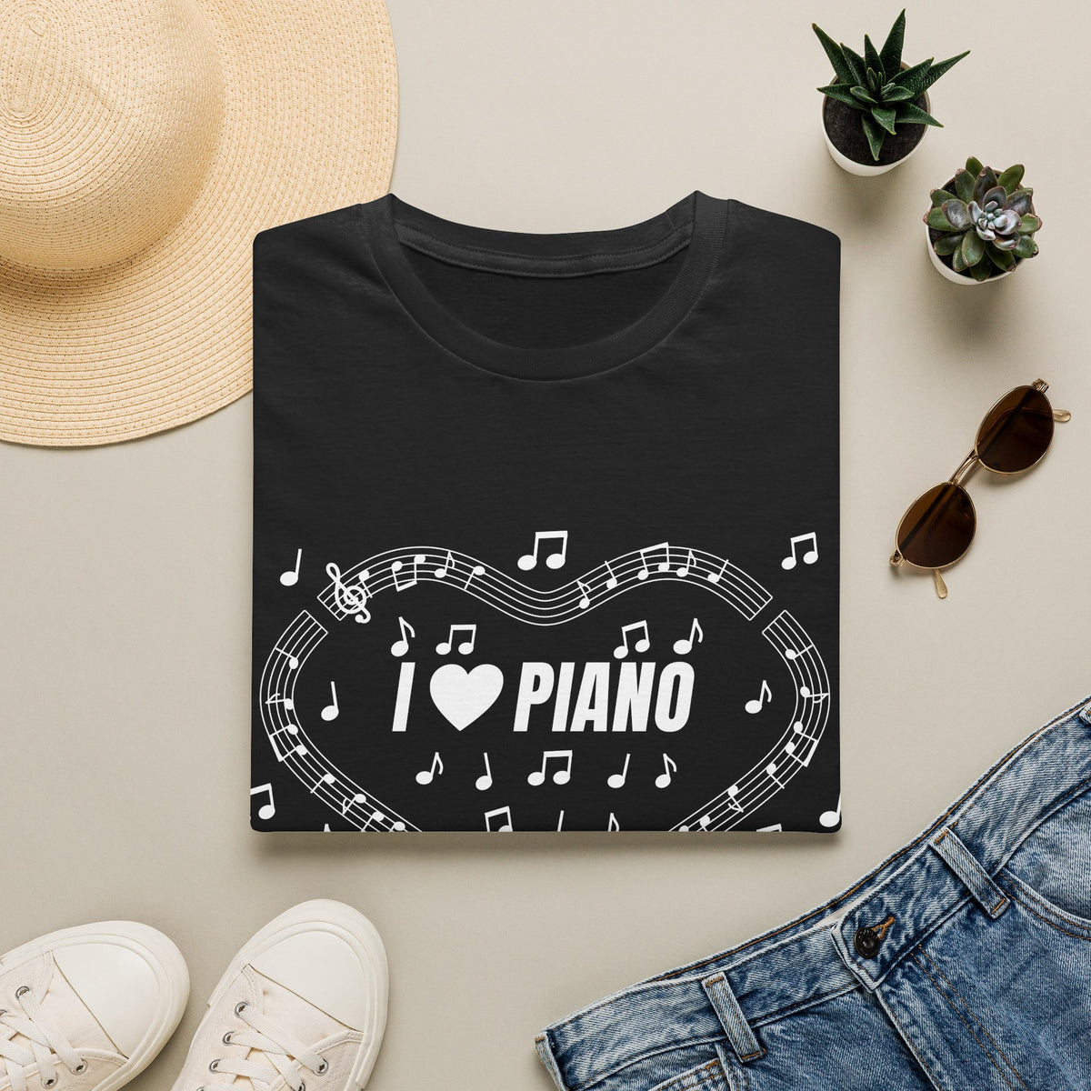 Music-themed Unisex Softstyle T-Shirt: 'I love piano' - black & white