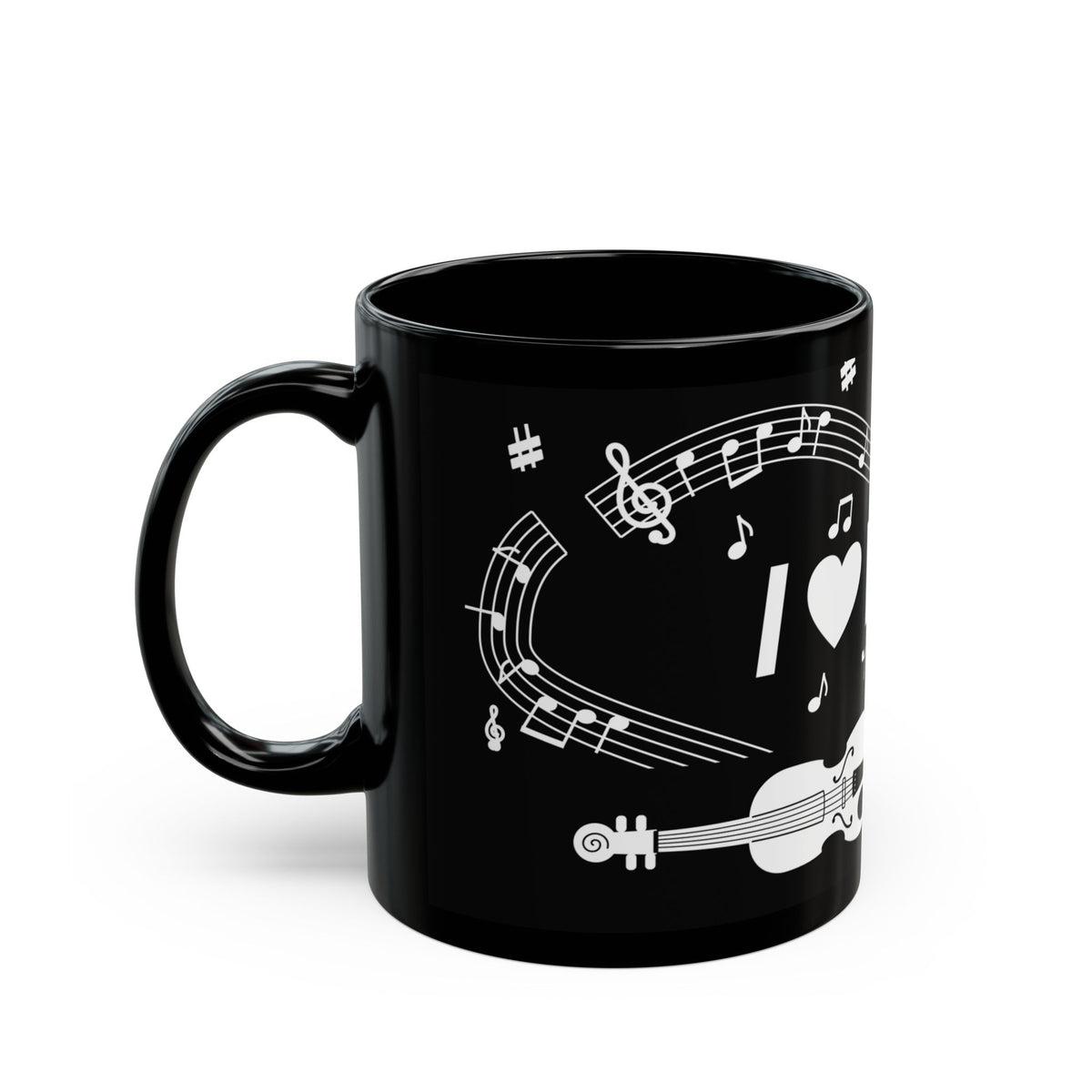 Music-themed Black Mug (11oz, 15oz): 'I love violin' - black & white