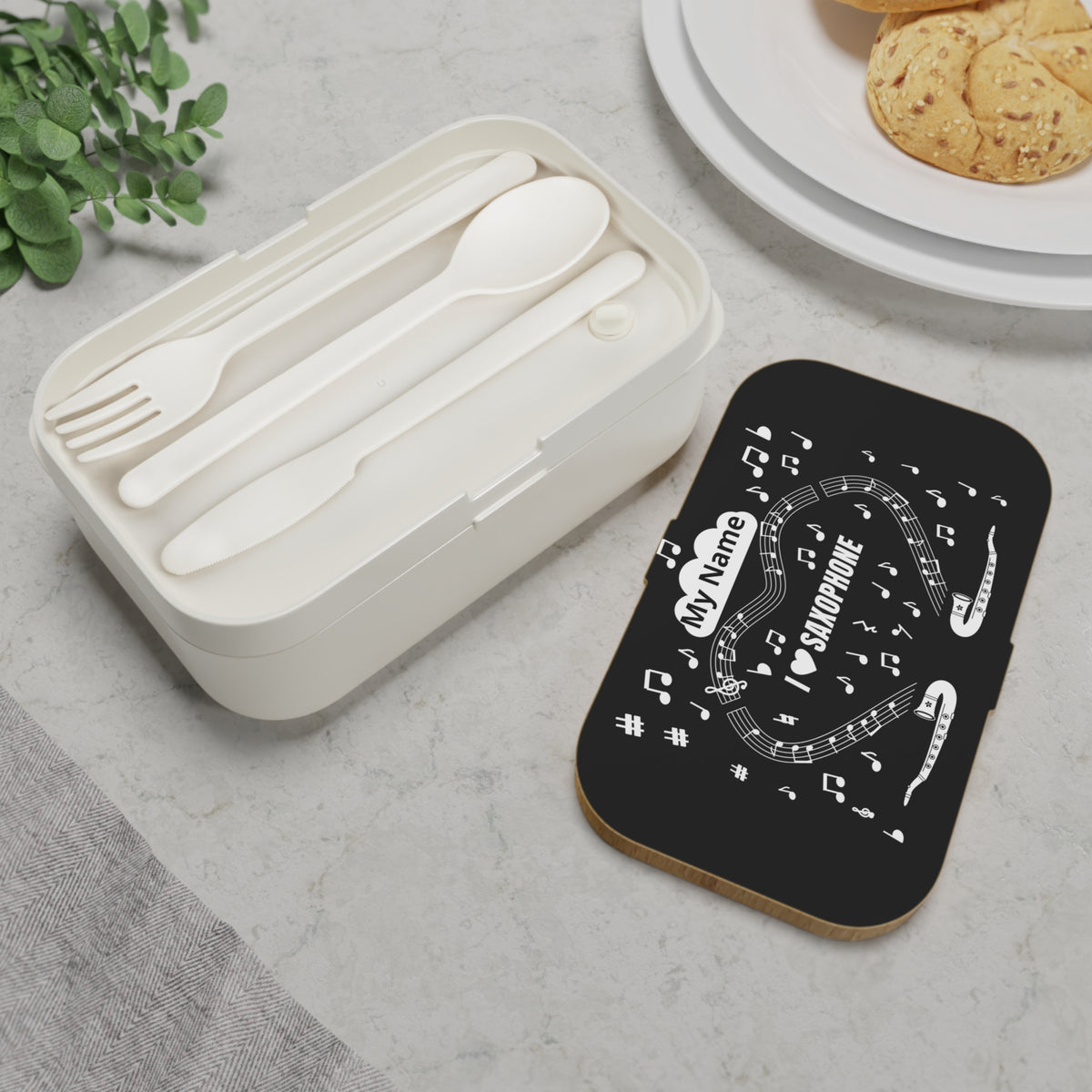 Music-themed Bento Lunch Box: 'I love saxophone' - black & white