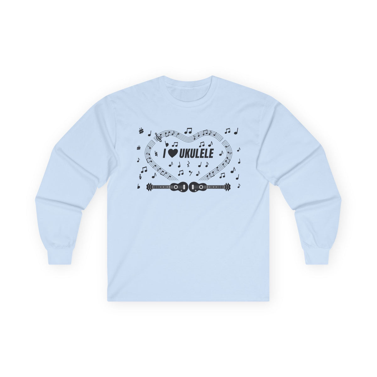 Music-themed Unisex Ultra Cotton Long Sleeve Tee: 'I love ukulele' - black on white