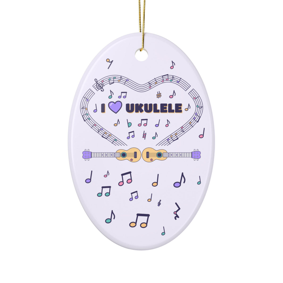 Music-themed Ceramic Ornaments, 1-Side Print: 'I love ukulele' - violet
