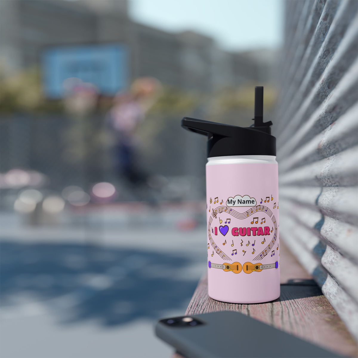 Music-themed Stainless Steel Water Bottle, Standard Lid: 'I love guitar' - pink