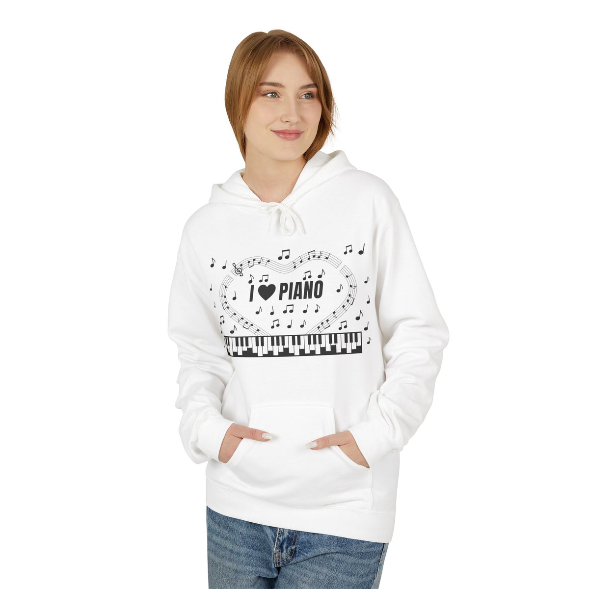Music-themed Unisex Midweight Softstyle Fleece Hoodie: 'I love piano' - black on white