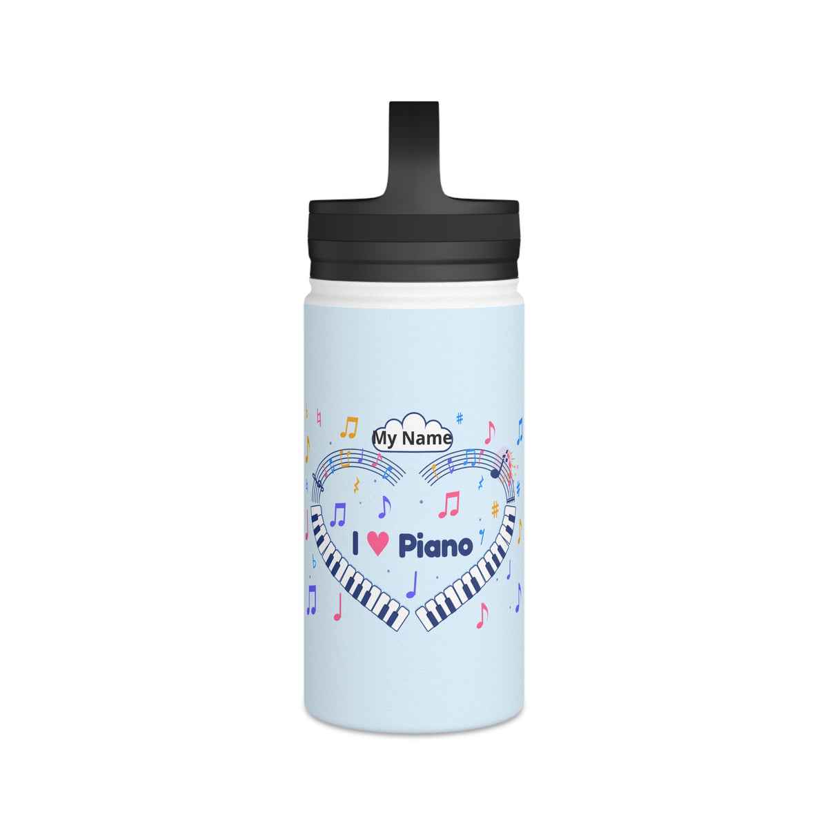 Music-themed Stainless Steel Water Bottle, Handle Lid: 'I love piano' heart - blue