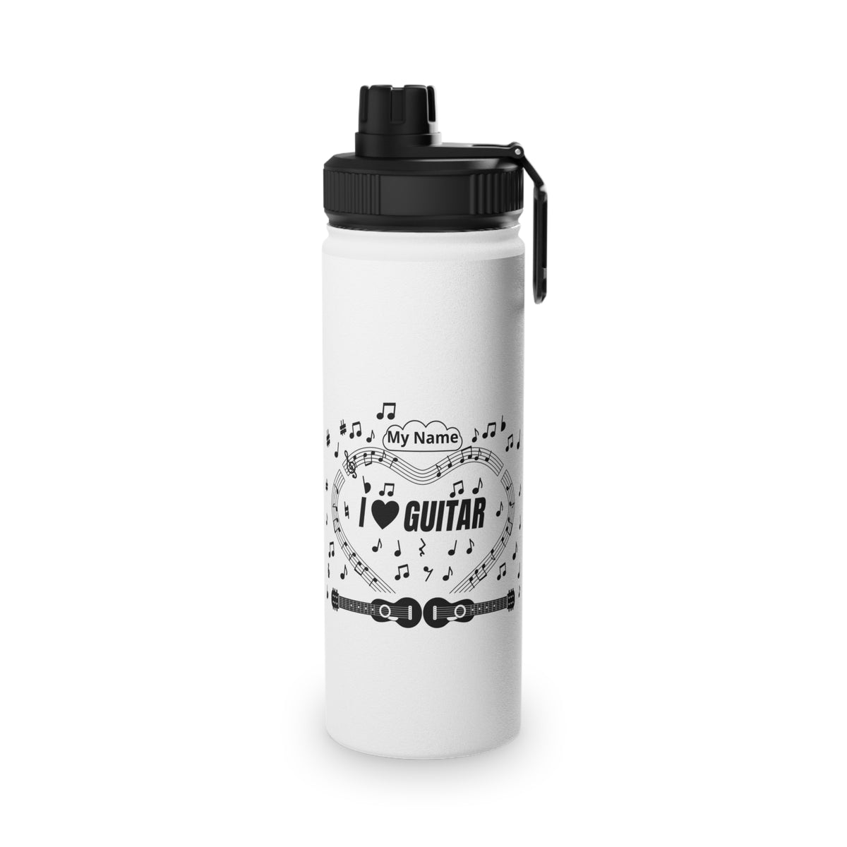 Music-themed Stainless Steel Water Bottle, Sports Lid: 'I love guitar' - black on white