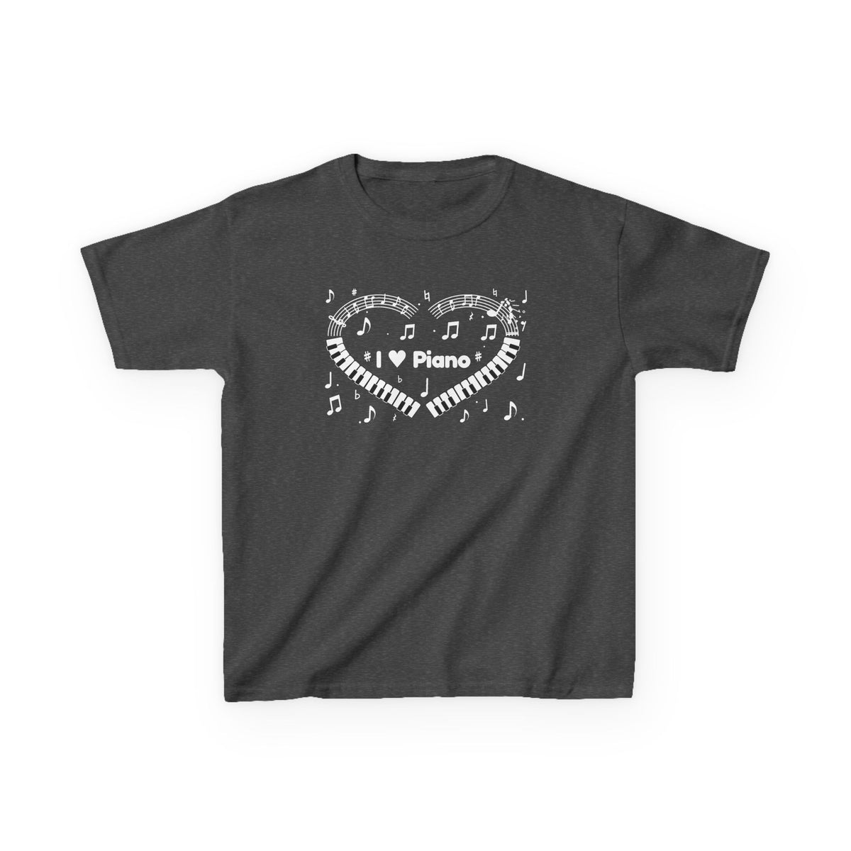 Music-themed Kids Heavy Cotton Tee: 'I love piano' heart - black & white
