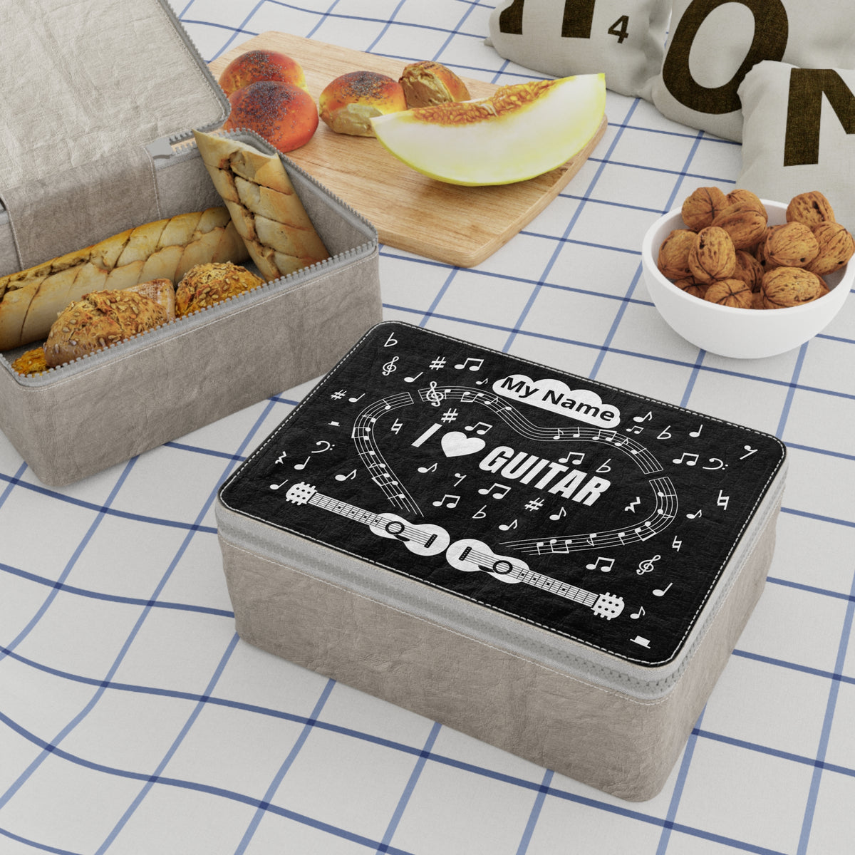 Music-themed Paper Lunch Bag: 'I love guitar' - black & white