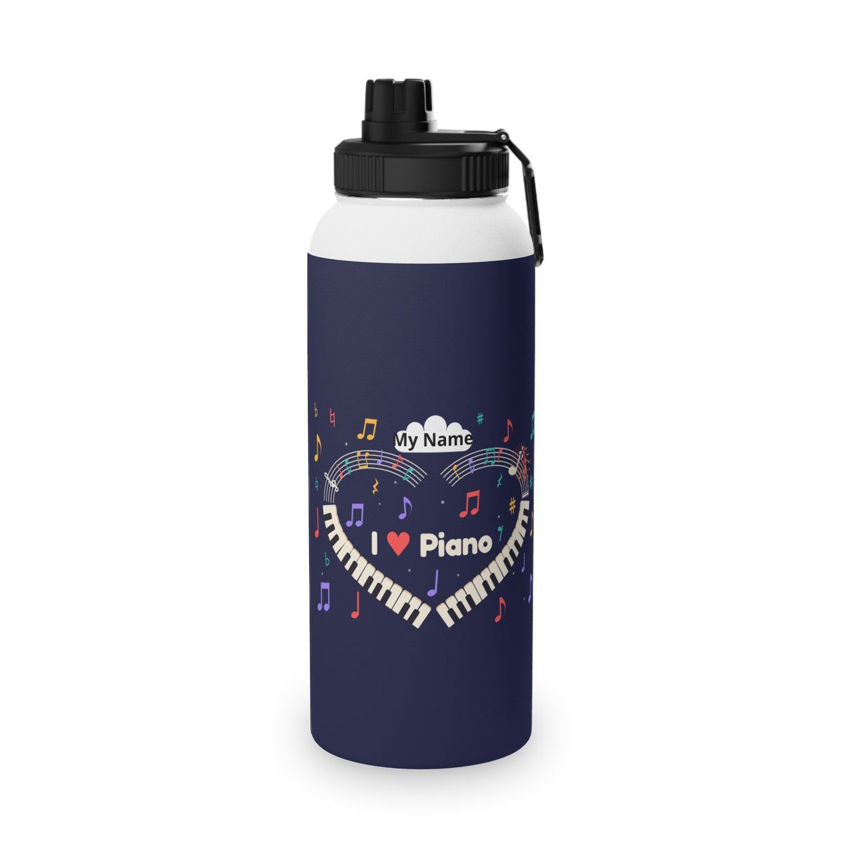 Music-themed Stainless Steel Water Bottle, Sports Lid: 'I love piano' heart - navy