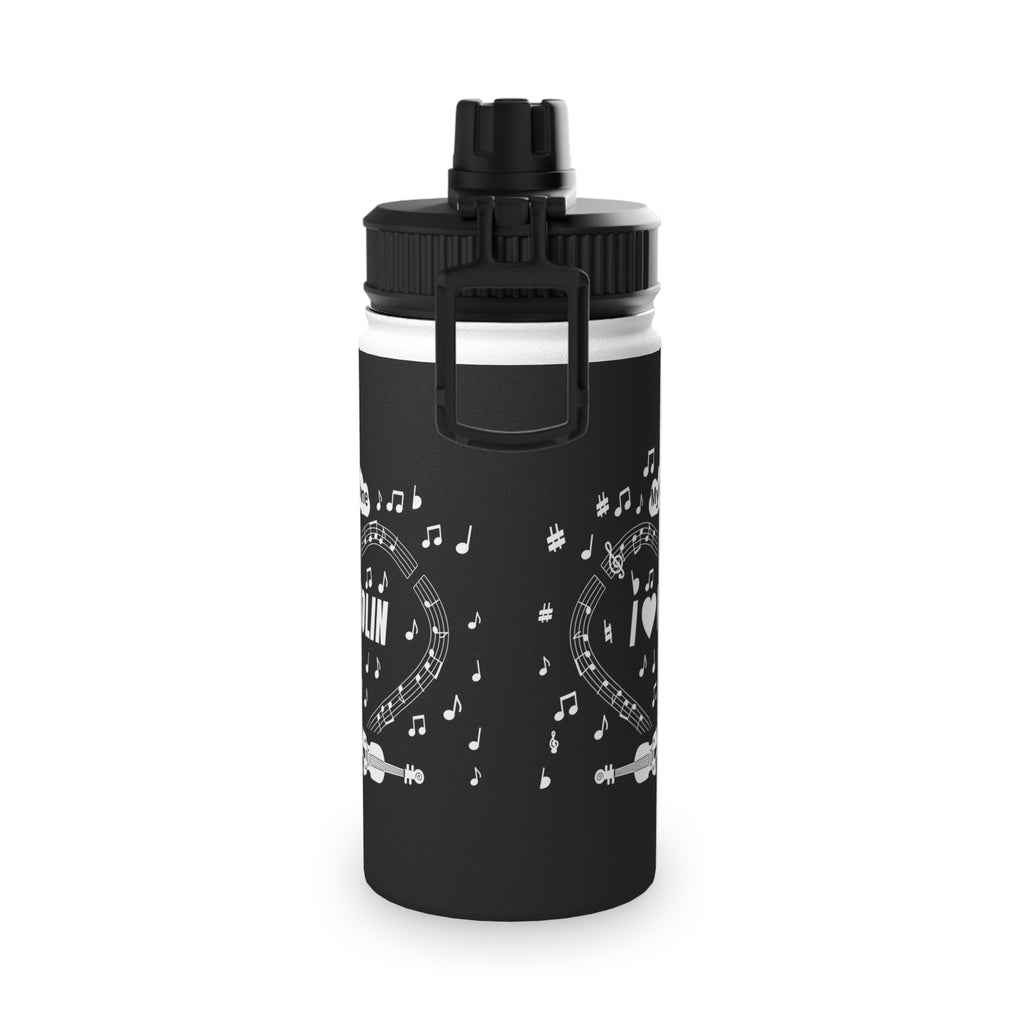 Music-themed Stainless Steel Water Bottle, Sports Lid: 'I love violin' - black & white