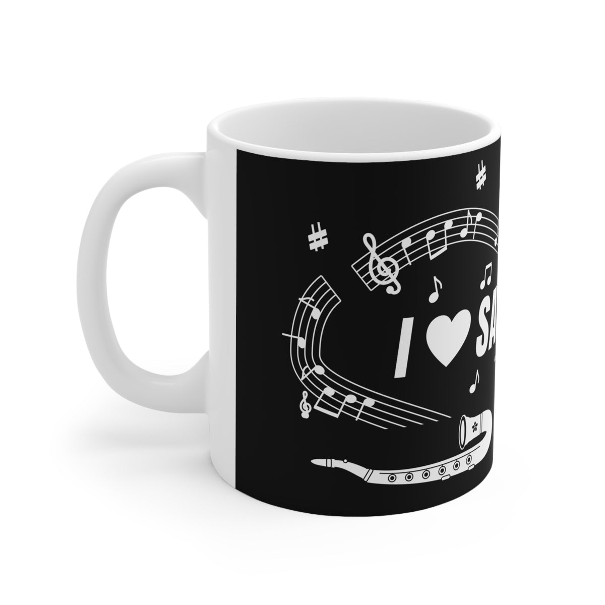 Music-themed Ceramic Mug, 11oz, 15oz: 'I love saxophone' - black & white