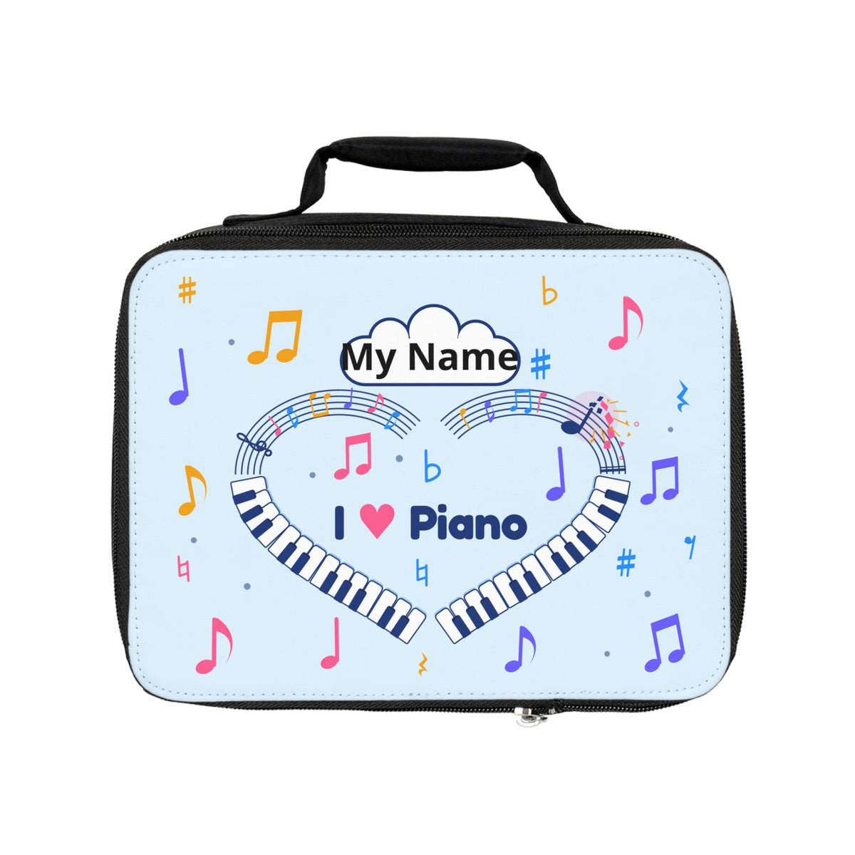 Music-themed Lunch Bag: 'I love piano' heart - blue