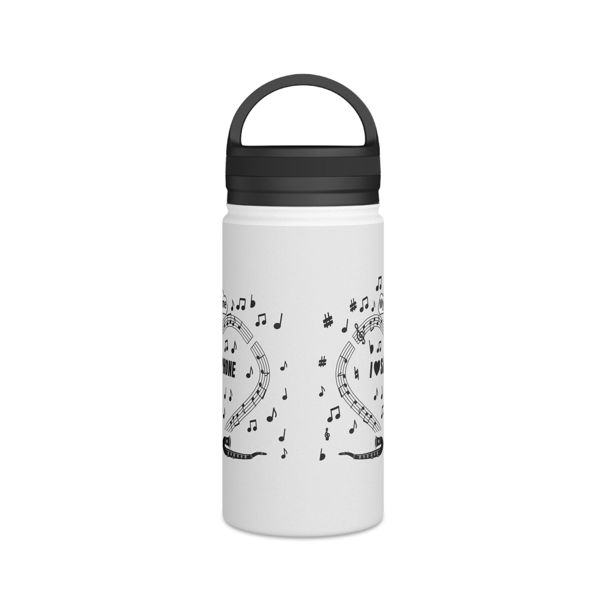 Music-themed Stainless Steel Water Bottle, Handle Lid: 'I love saxophone' - black on white