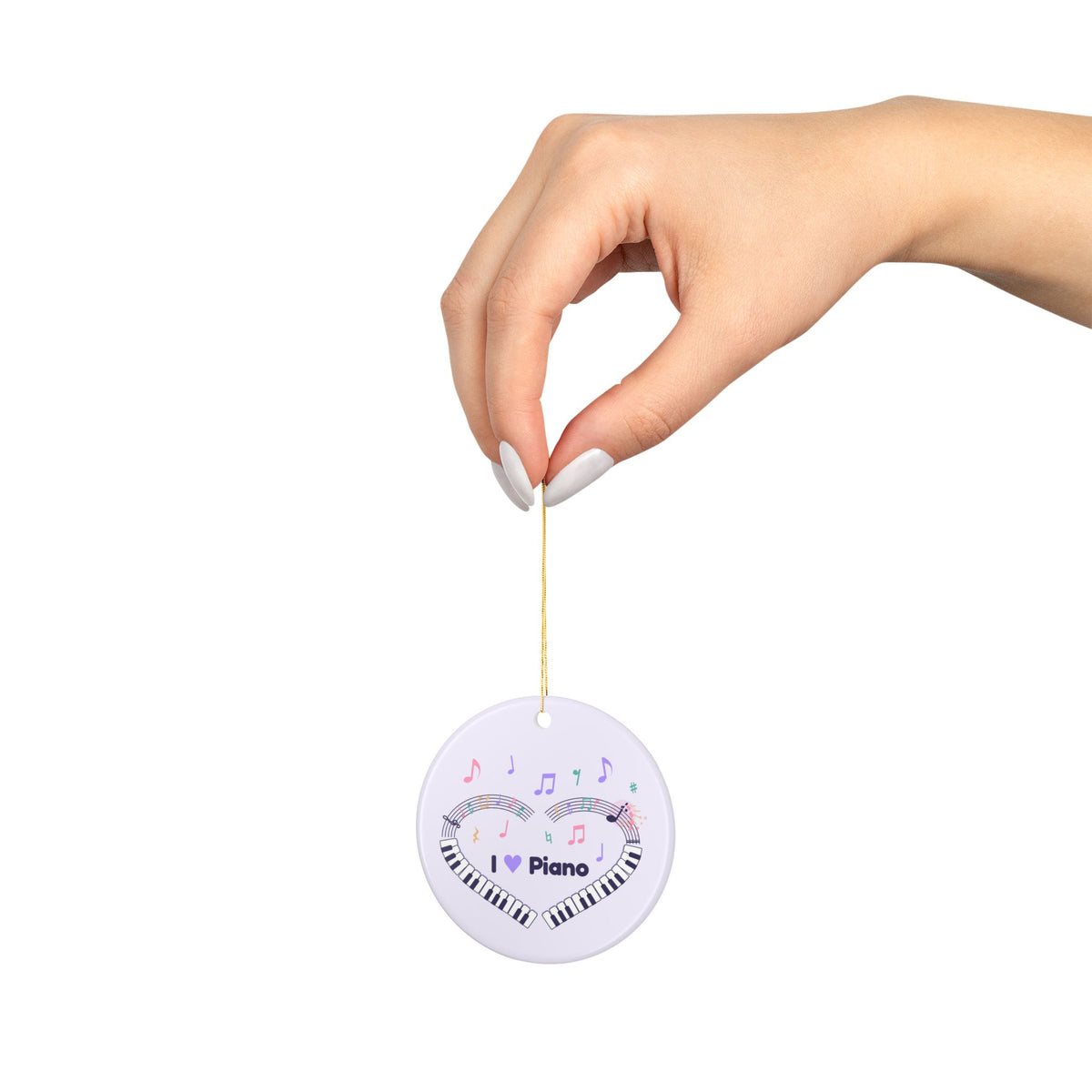 Music-themed Ceramic Ornaments, 1-Side Print: 'I love piano' heart - violet