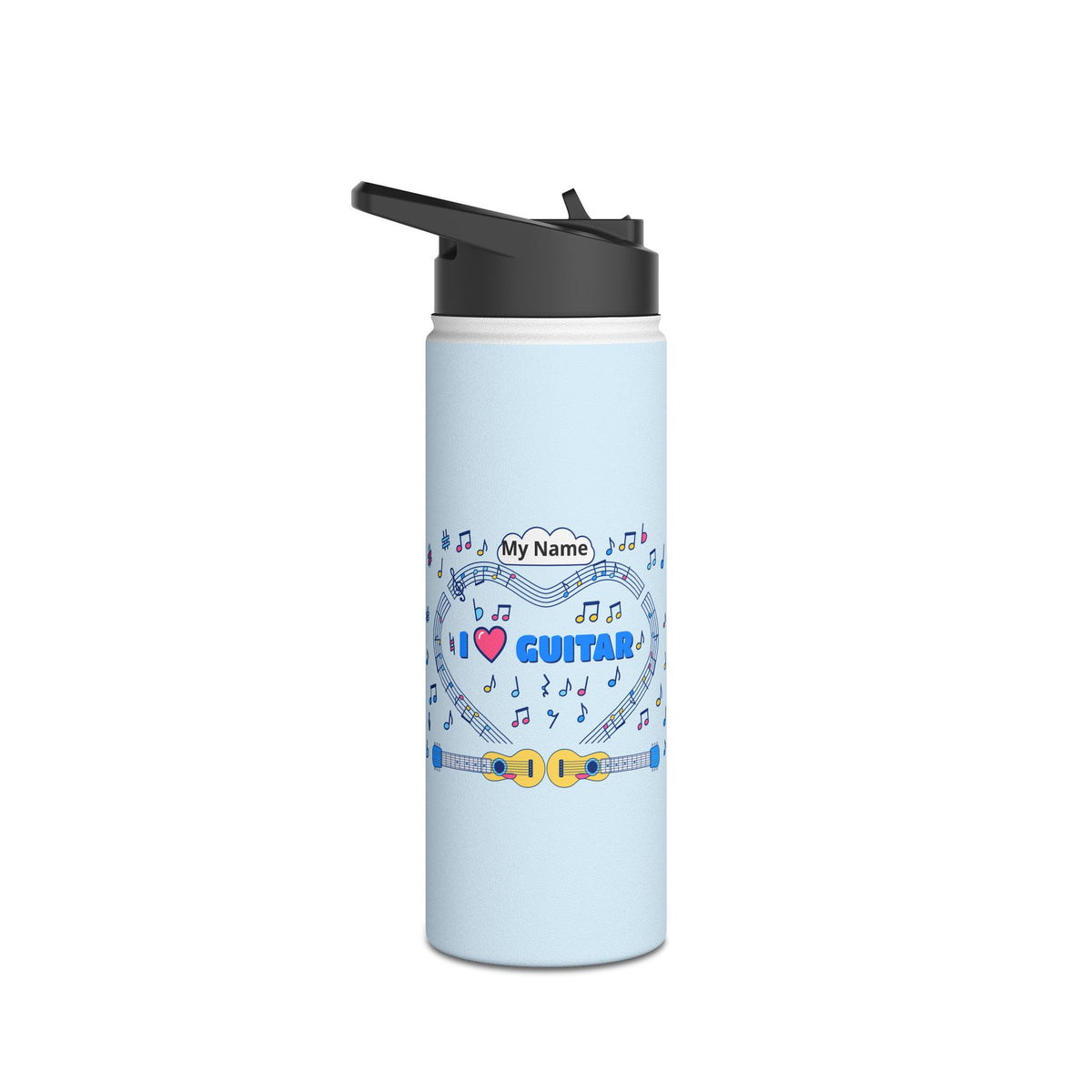 Music-themed Stainless Steel Water Bottle, Standard Lid: 'I love guitar' - blue