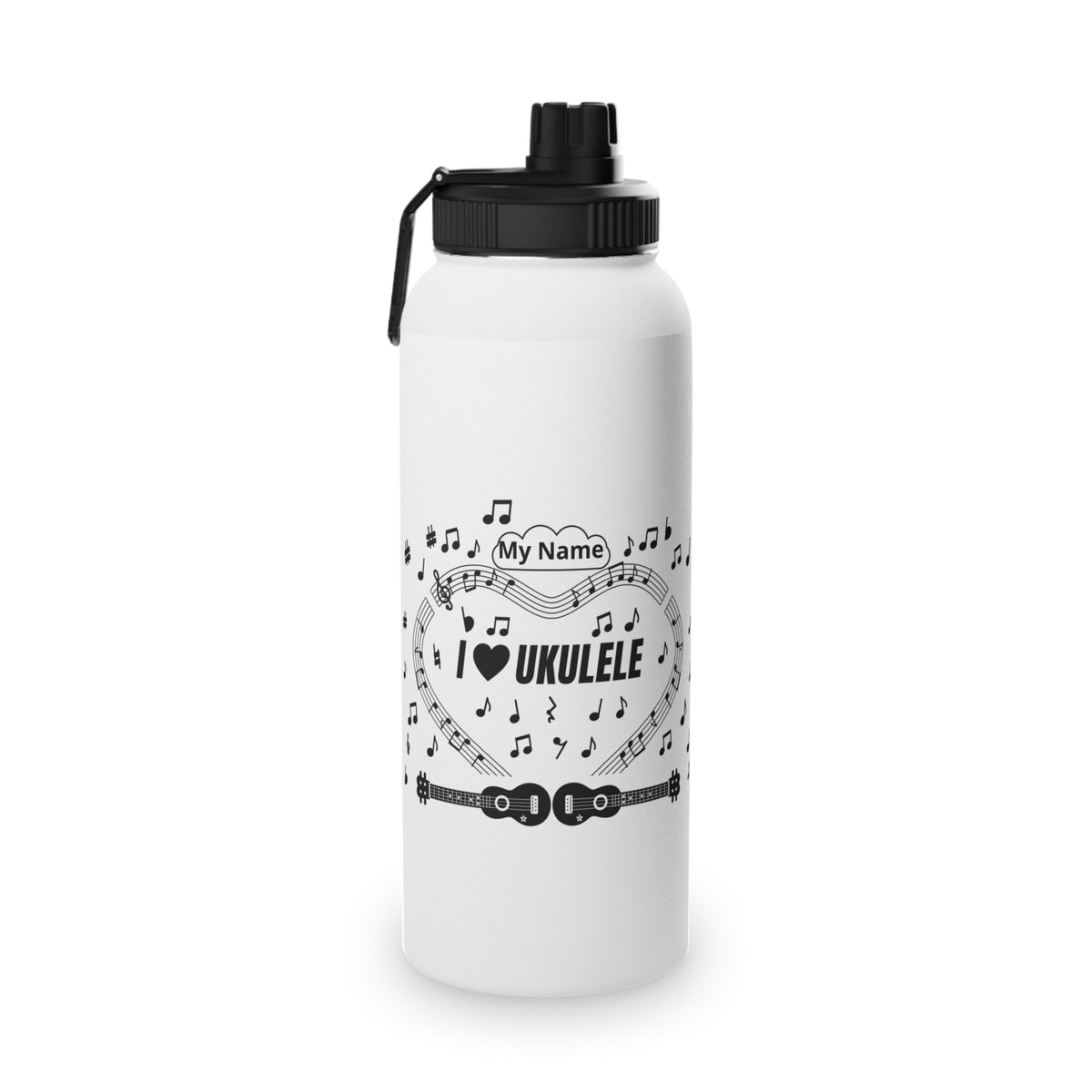 Music-themed Stainless Steel Water Bottle, Sports Lid: 'I love ukulele' - black on white