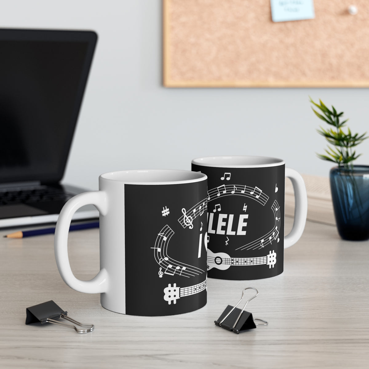 Music-themed Ceramic Mug, 11oz, 15oz: 'I love ukulele' - black & white