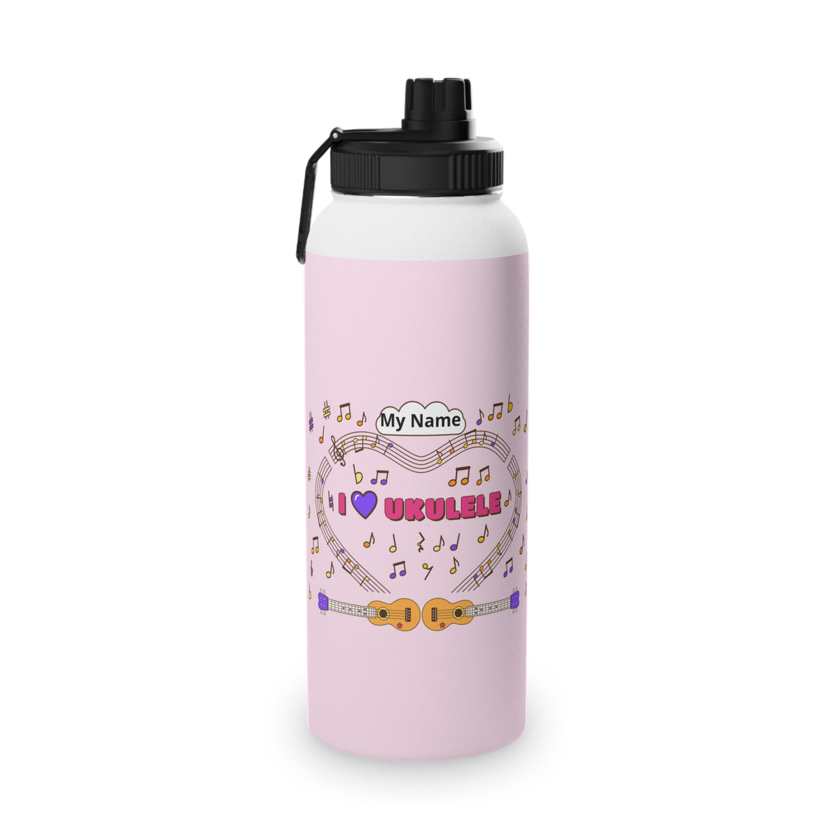 Music-themed Stainless Steel Water Bottle, Sports Lid: 'I love ukulele' - pink