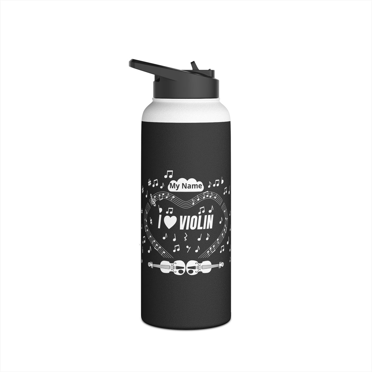 Music-themed Stainless Steel Water Bottle, Standard Lid: 'I love violin' - black & white