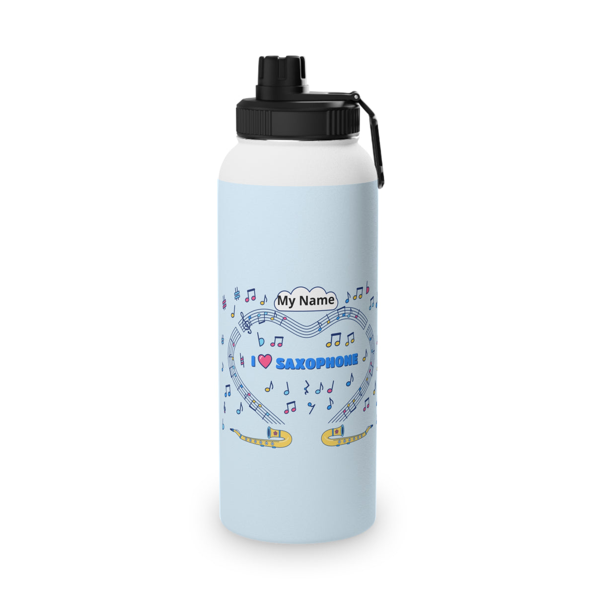 Music-themed Stainless Steel Water Bottle, Sports Lid: 'I love saxophone' - blue