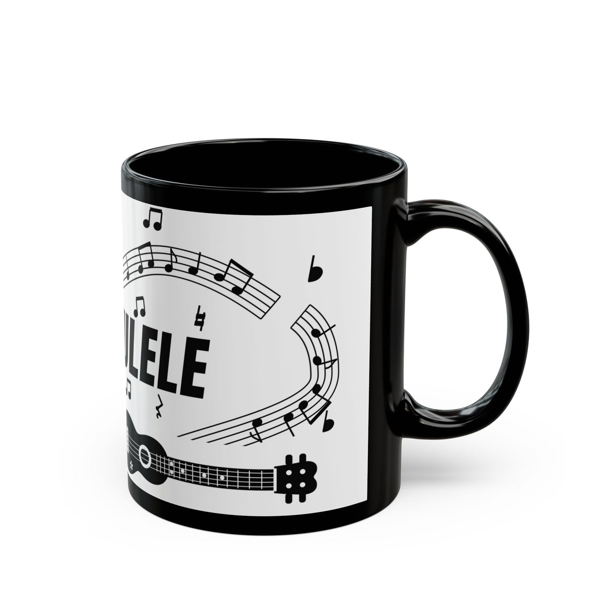 Music-themed Black Mug (11oz, 15oz): 'I love ukulele' - black on white