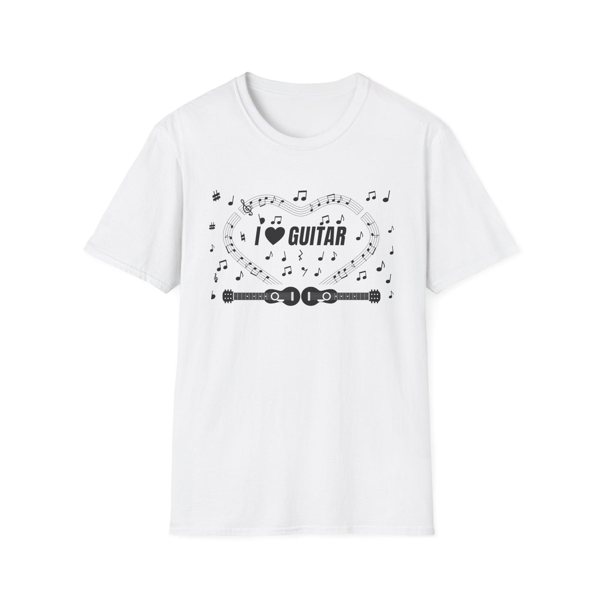 Music-themed Unisex Softstyle T-Shirt: 'I love guitar' - black on white