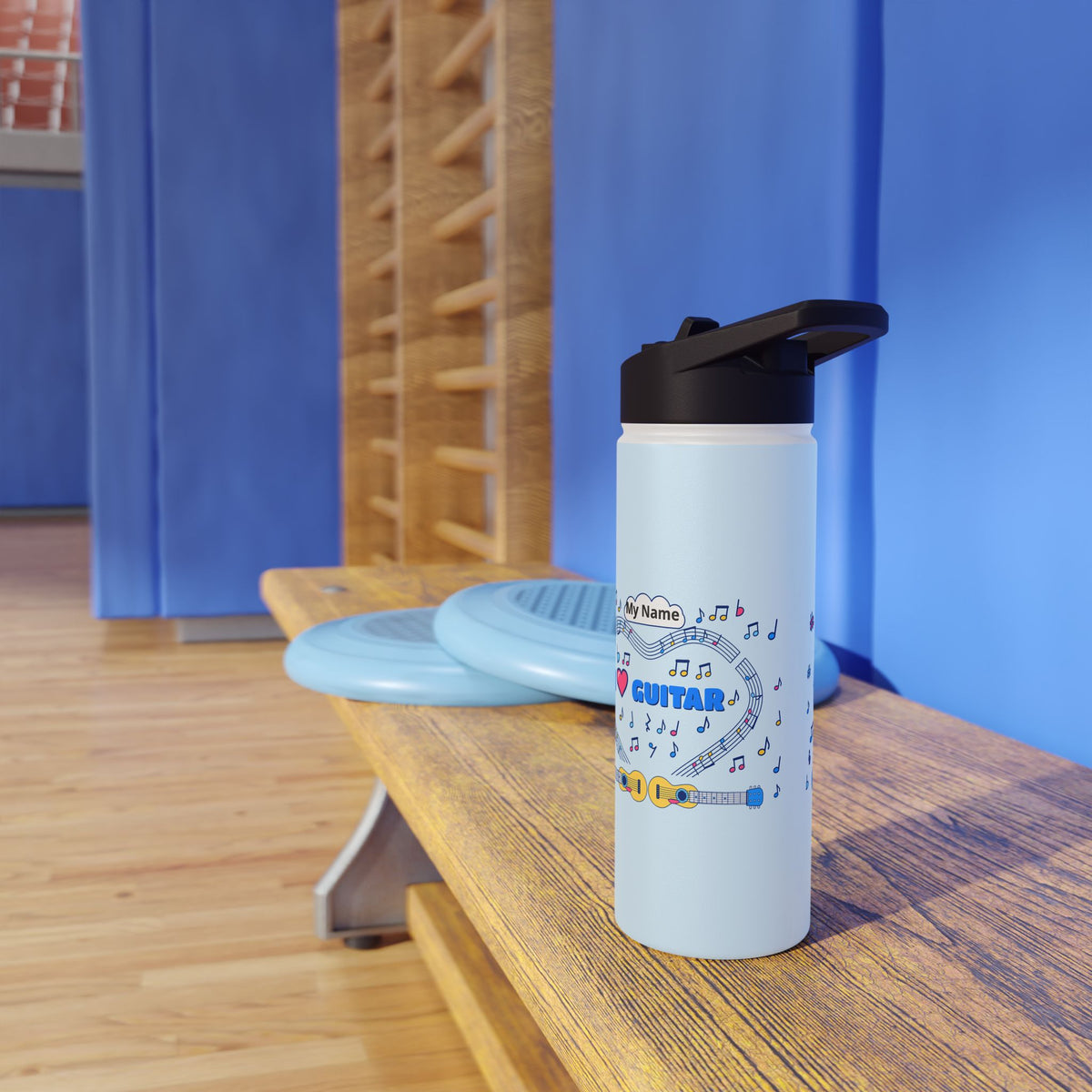 Music-themed Stainless Steel Water Bottle, Standard Lid: 'I love guitar' - blue