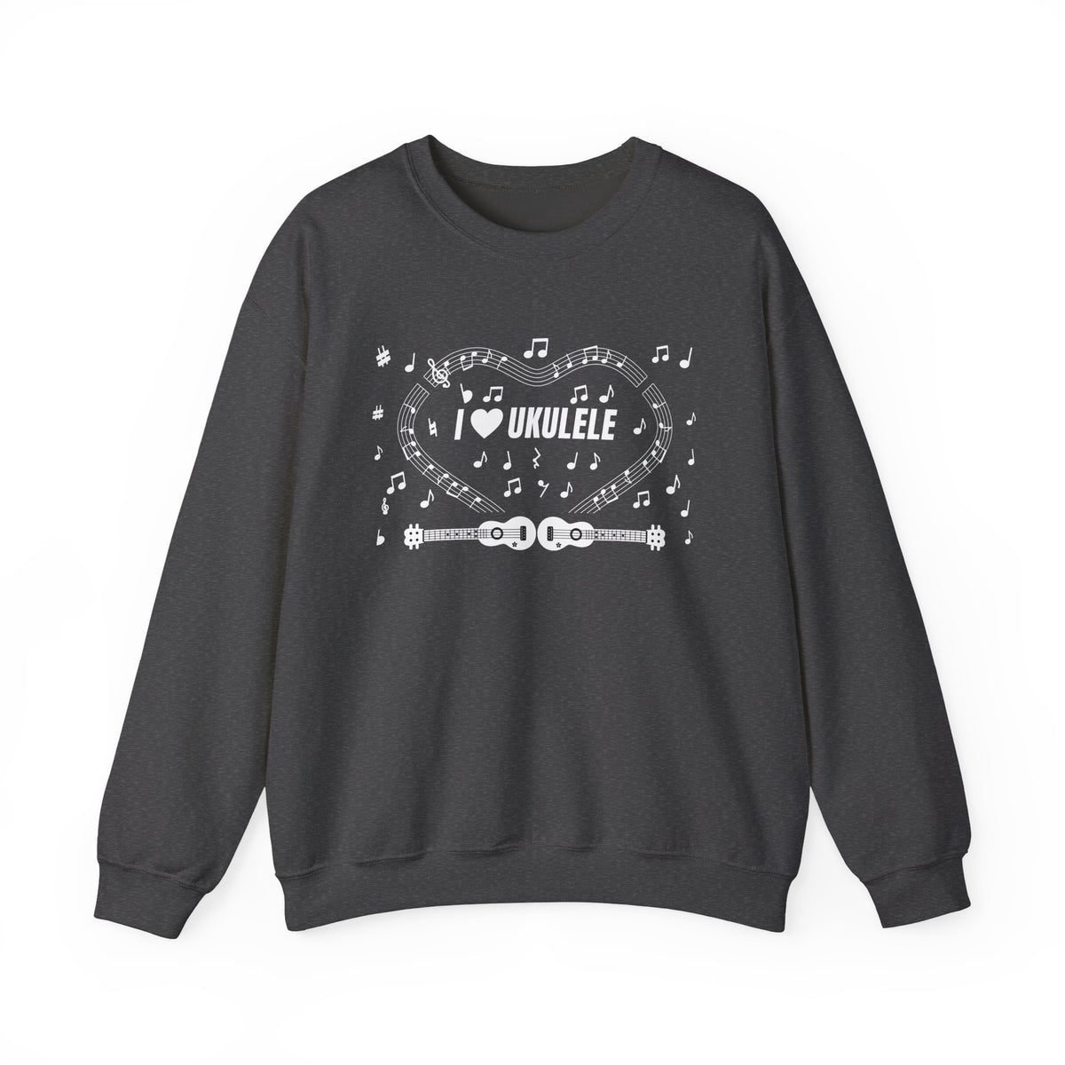 Music-themed Unisex Heavy Blend Crewneck Sweatshirt: 'I love ukulele' - black & white