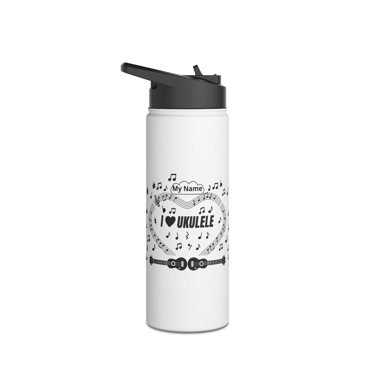 Music-themed Stainless Steel Water Bottle, Standard Lid: 'I love ukulele' - black on white