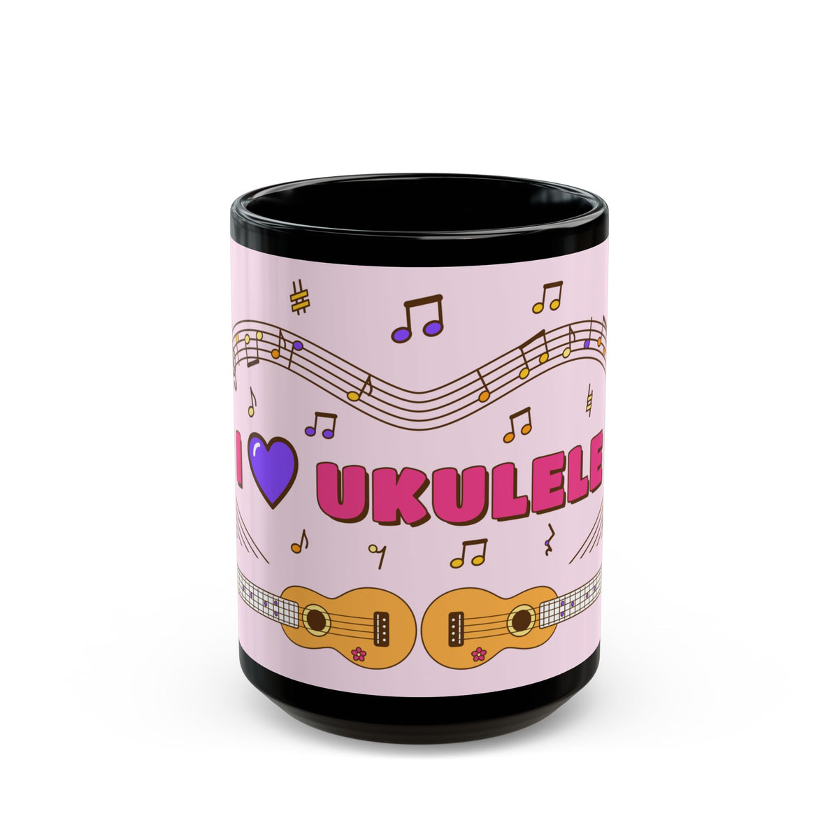 Music-themed Black Mug (11oz, 15oz): 'I love ukulele' - pink