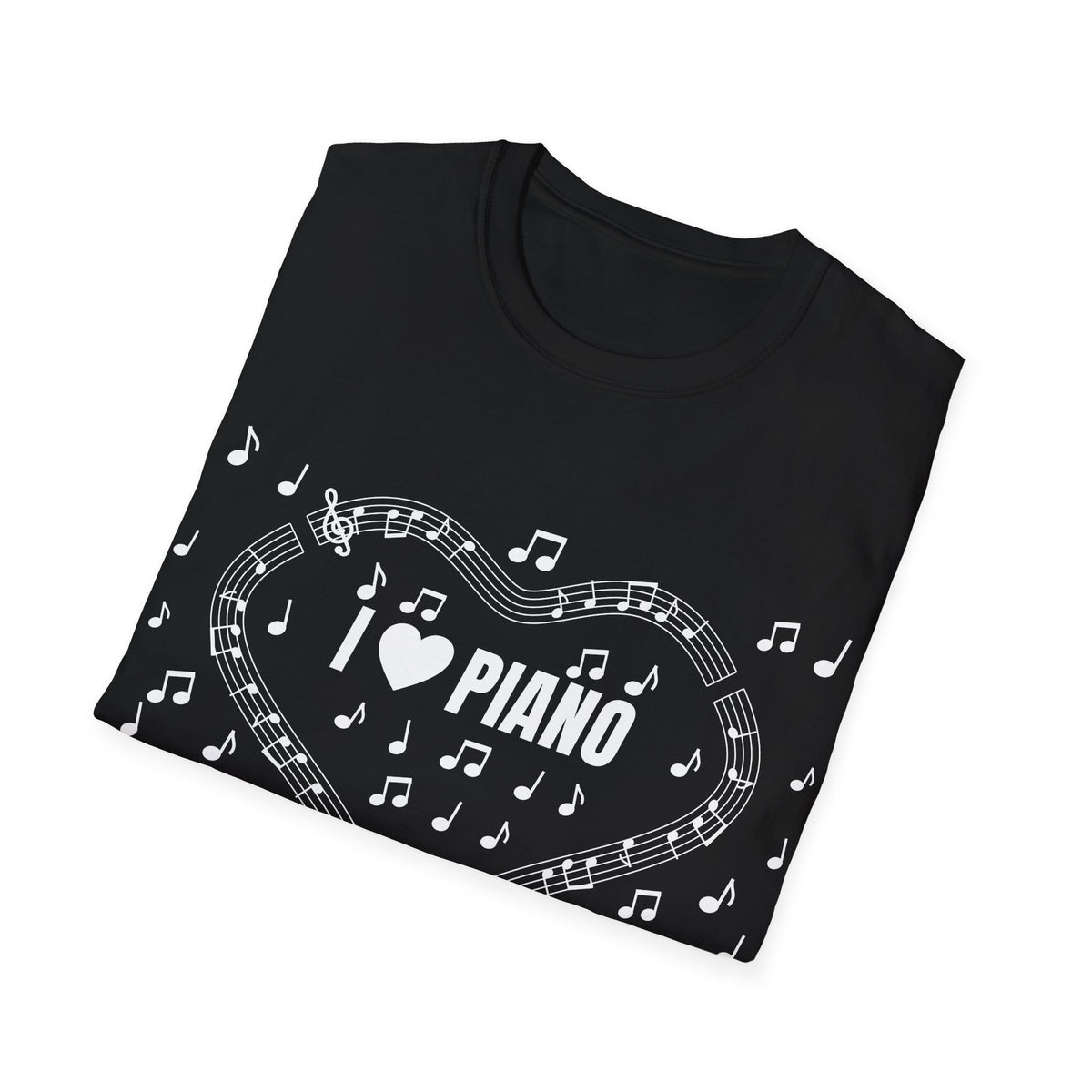Music-themed Unisex Softstyle T-Shirt: 'I love piano' - black & white