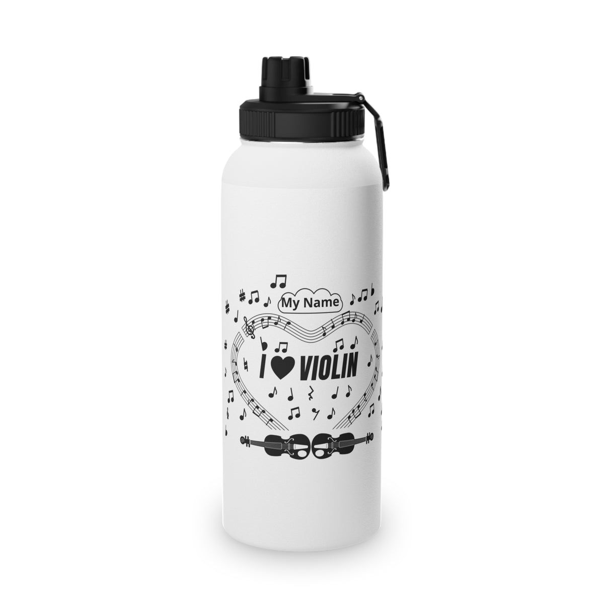 Music-themed Stainless Steel Water Bottle, Sports Lid: 'I love violin' - black on white