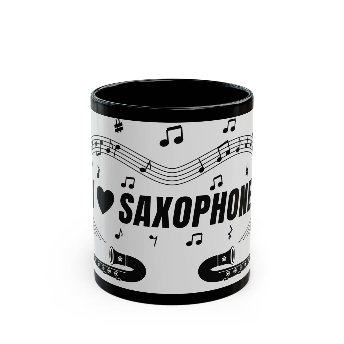 Music-themed Black Mug (11oz, 15oz): 'I love saxophone' - black on white