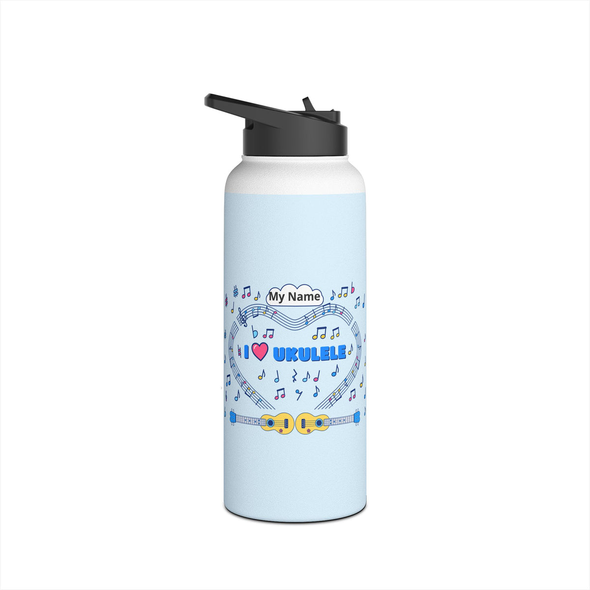 Music-themed Stainless Steel Water Bottle, Standard Lid: 'I love ukulele' - blue