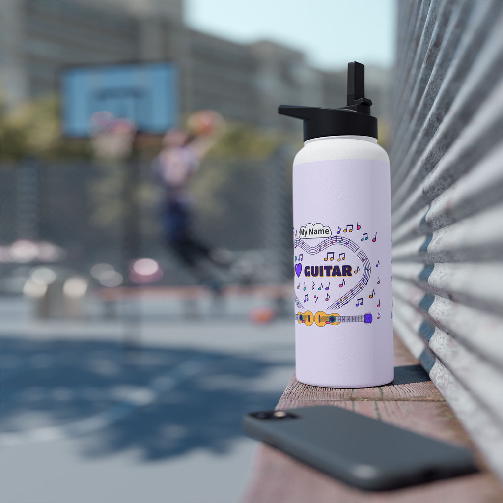Music-themed Stainless Steel Water Bottle, Standard Lid: 'I love guitar' - violet