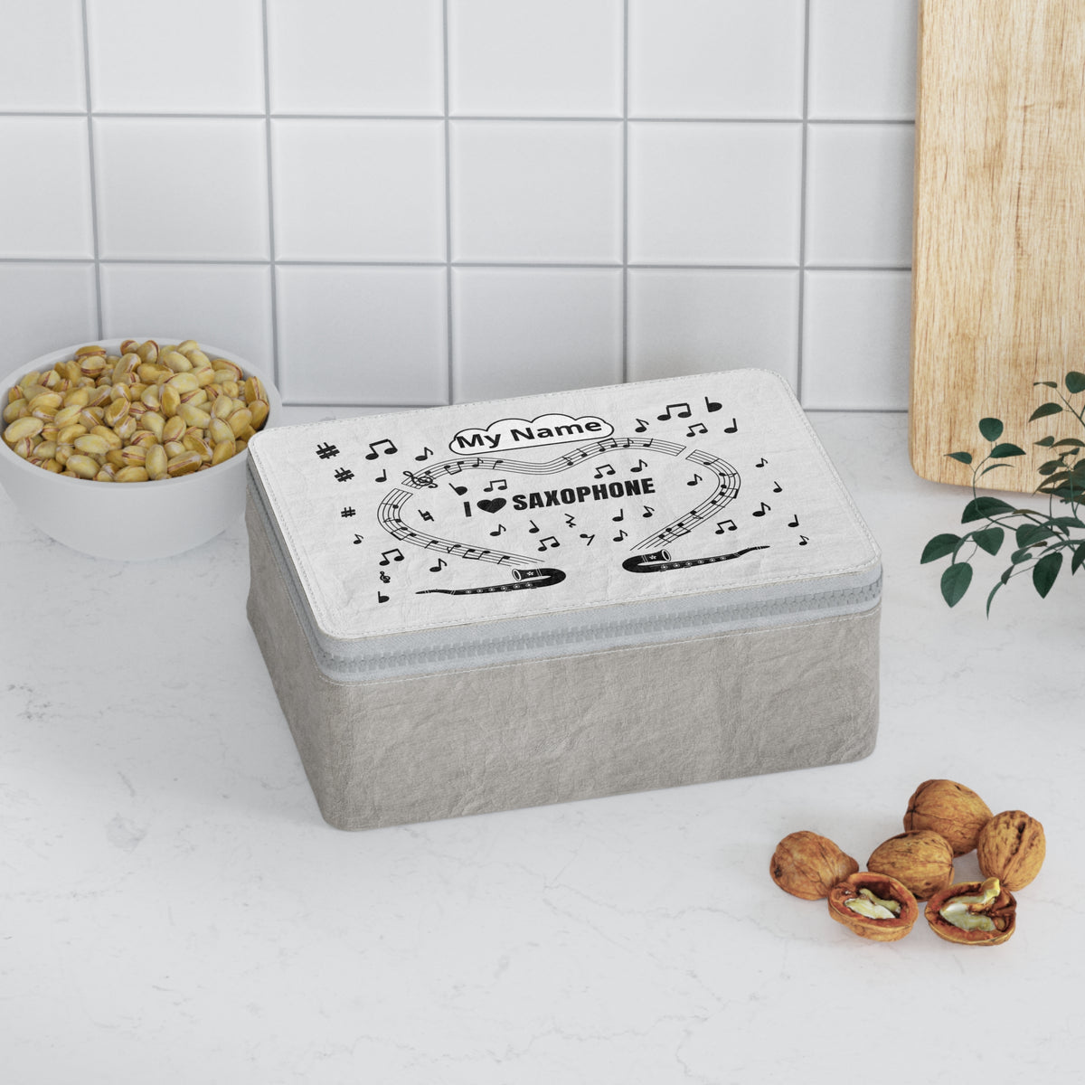 Music-themed Paper Lunch Bag: 'I love saxophone' - black on white