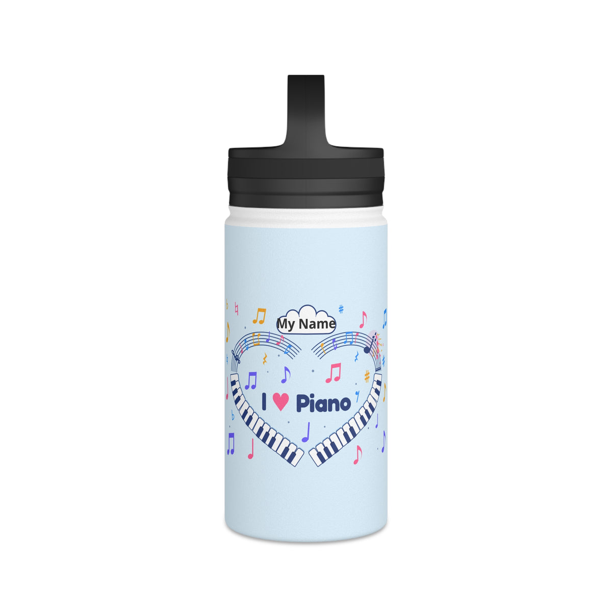 Music-themed Stainless Steel Water Bottle, Handle Lid: 'I love piano' heart - blue