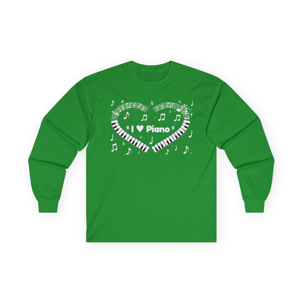 Music-themed Unisex Ultra Cotton Long Sleeve Tee: 'I love piano' heart - black & white