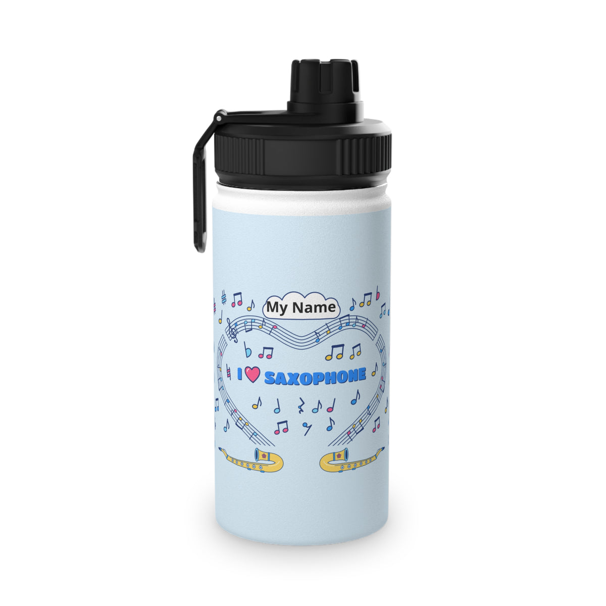 Music-themed Stainless Steel Water Bottle, Sports Lid: 'I love saxophone' - blue