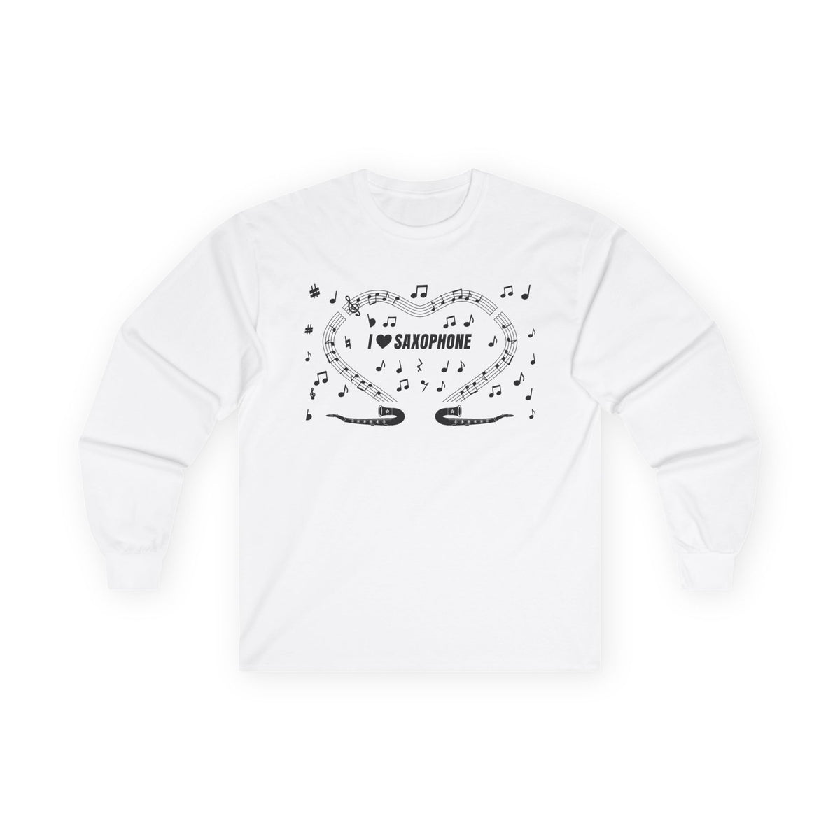 Music-themed Unisex Ultra Cotton Long Sleeve Tee: 'I love saxophone' - black on white