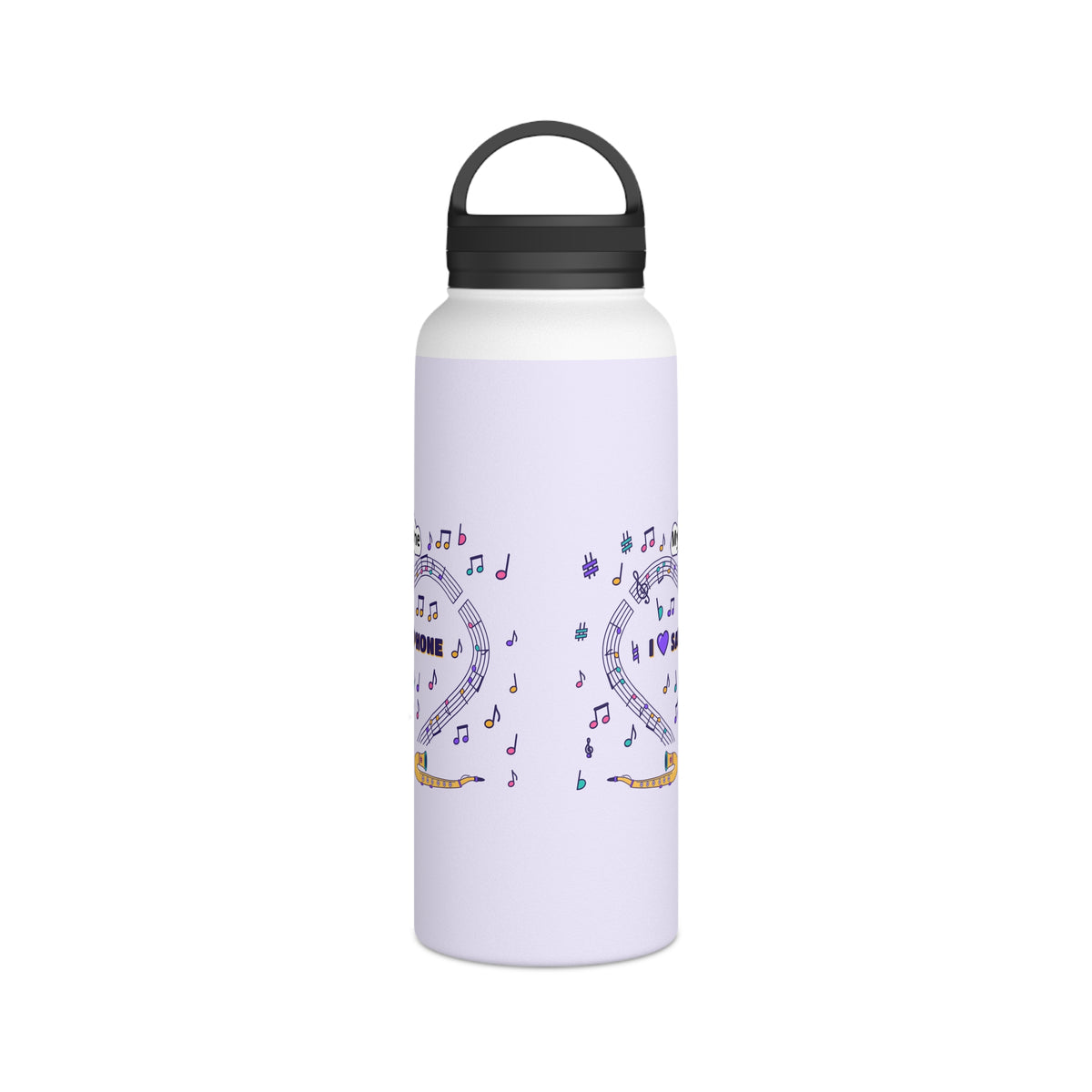 Music-themed Stainless Steel Water Bottle, Handle Lid: 'I love saxophone' - violet