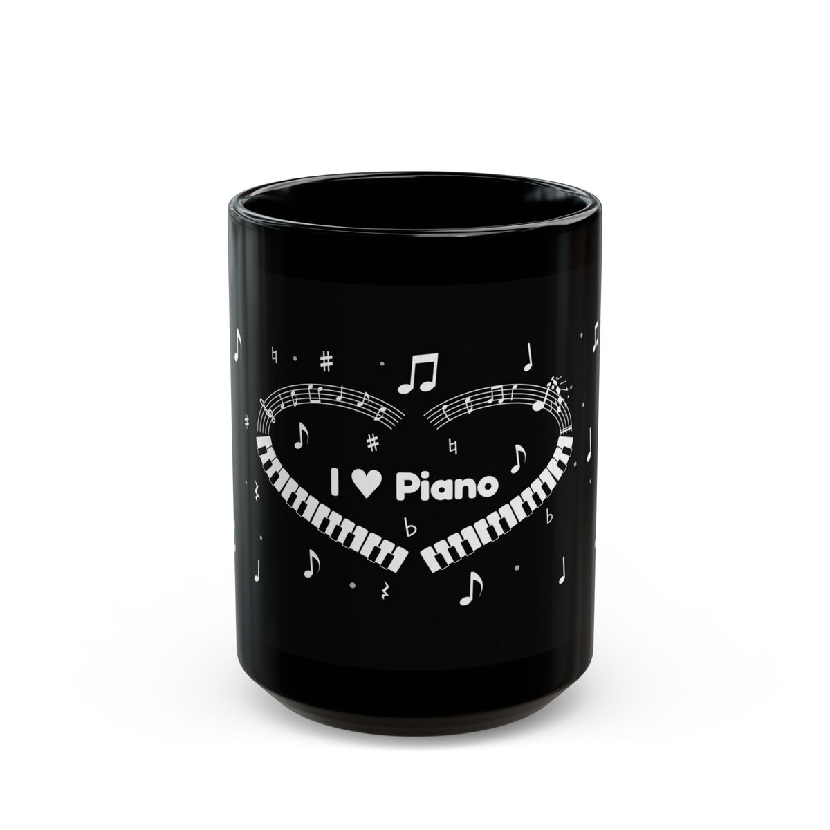 Music-themed Black Mug (11oz, 15oz): 'I love piano' heart - black & white