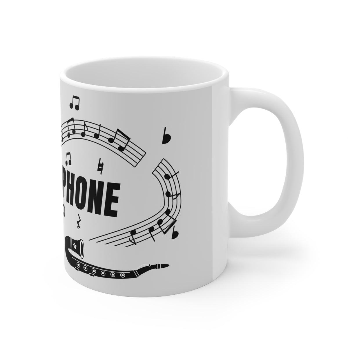 Music-themed Ceramic Mug, 11oz, 15oz: 'I love saxophone' - black on white