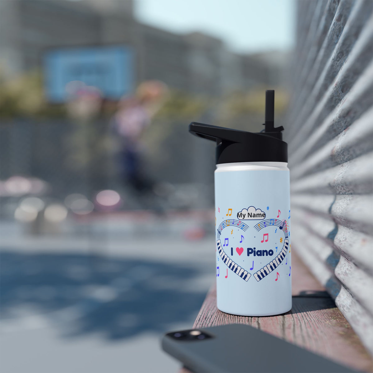 Music-themed Stainless Steel Water Bottle, Standard Lid: 'I love piano' heart - blue